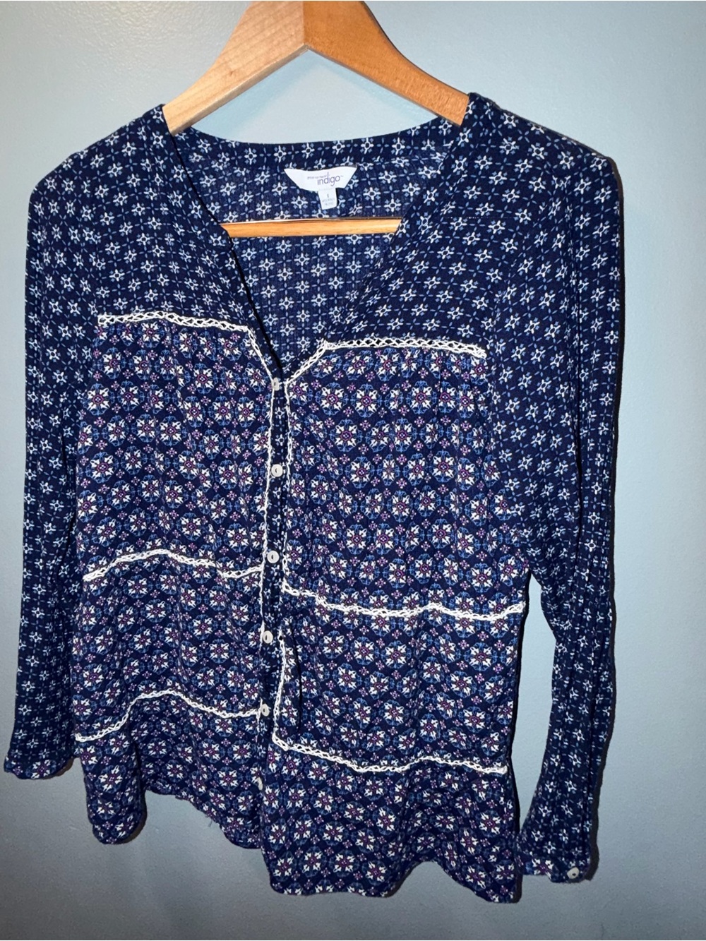 Indigo Navy Floral Button-Down Shirt with Lace Trim